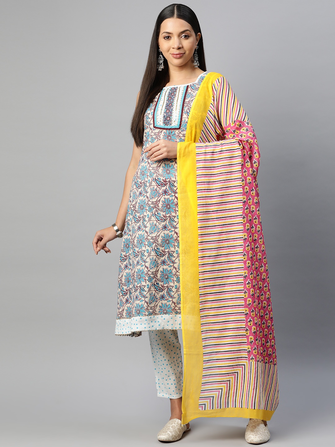 

BUTA BUTI Floral Printed Gotta Patti Pure Cotton Unstitched Dress Material, Multi