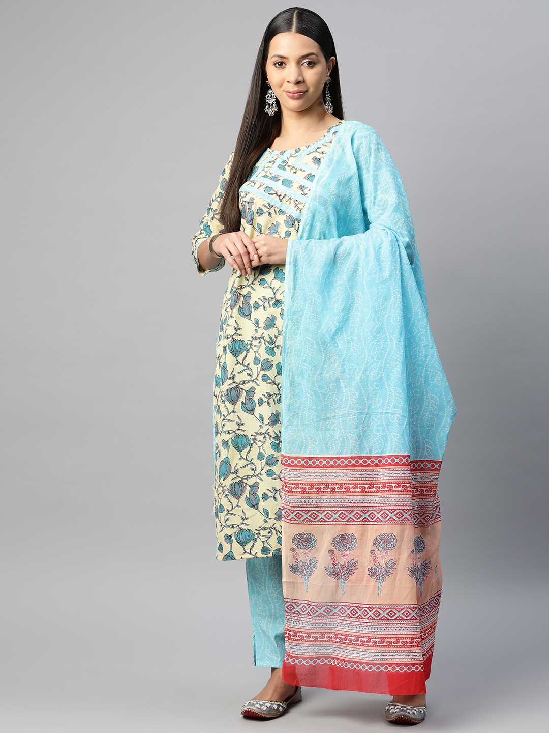 

BUTA BUTI Floral Printed Gotta Patti Pure Cotton Unstitched Dress Material, Yellow