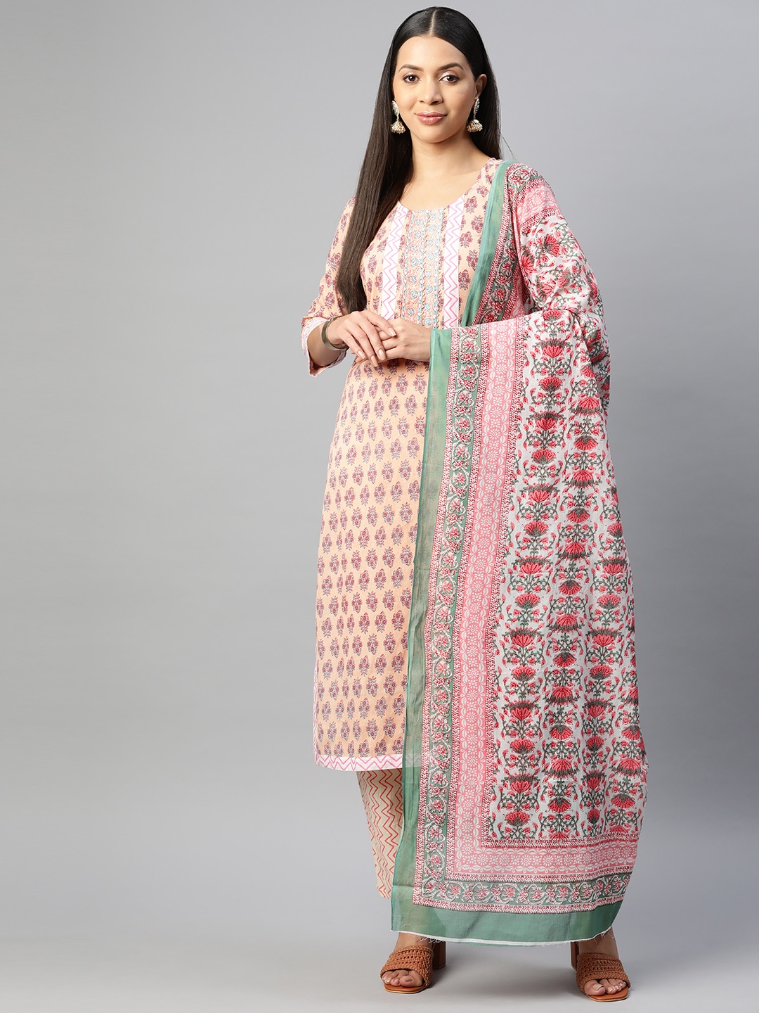 

BUTA BUTI Floral Printed Gotta Patti Pure Cotton Unstitched Dress Material, Beige