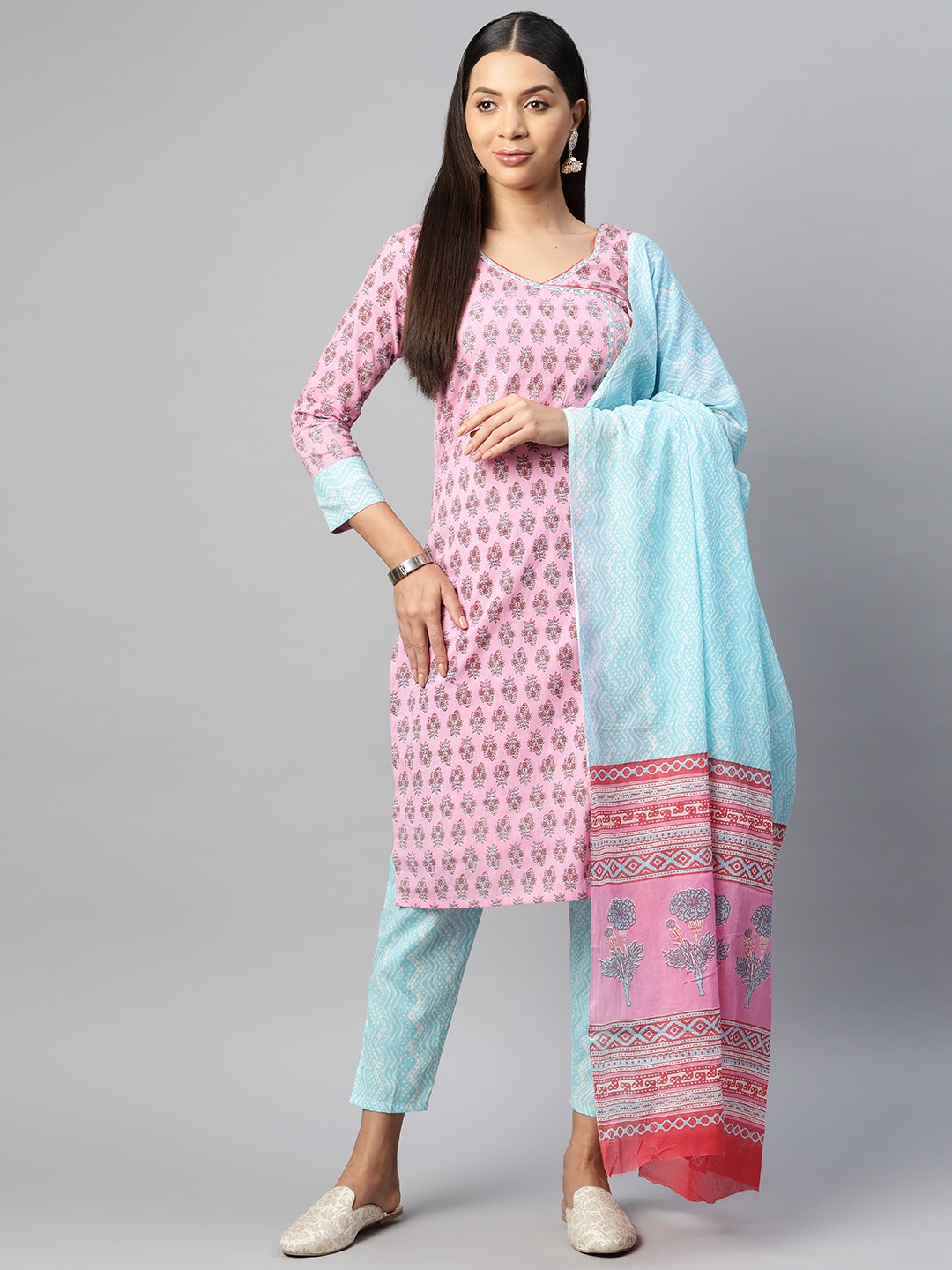 BUTA BUTI Floral Printed Pure Cotton Unstitched Dress Material, Pink