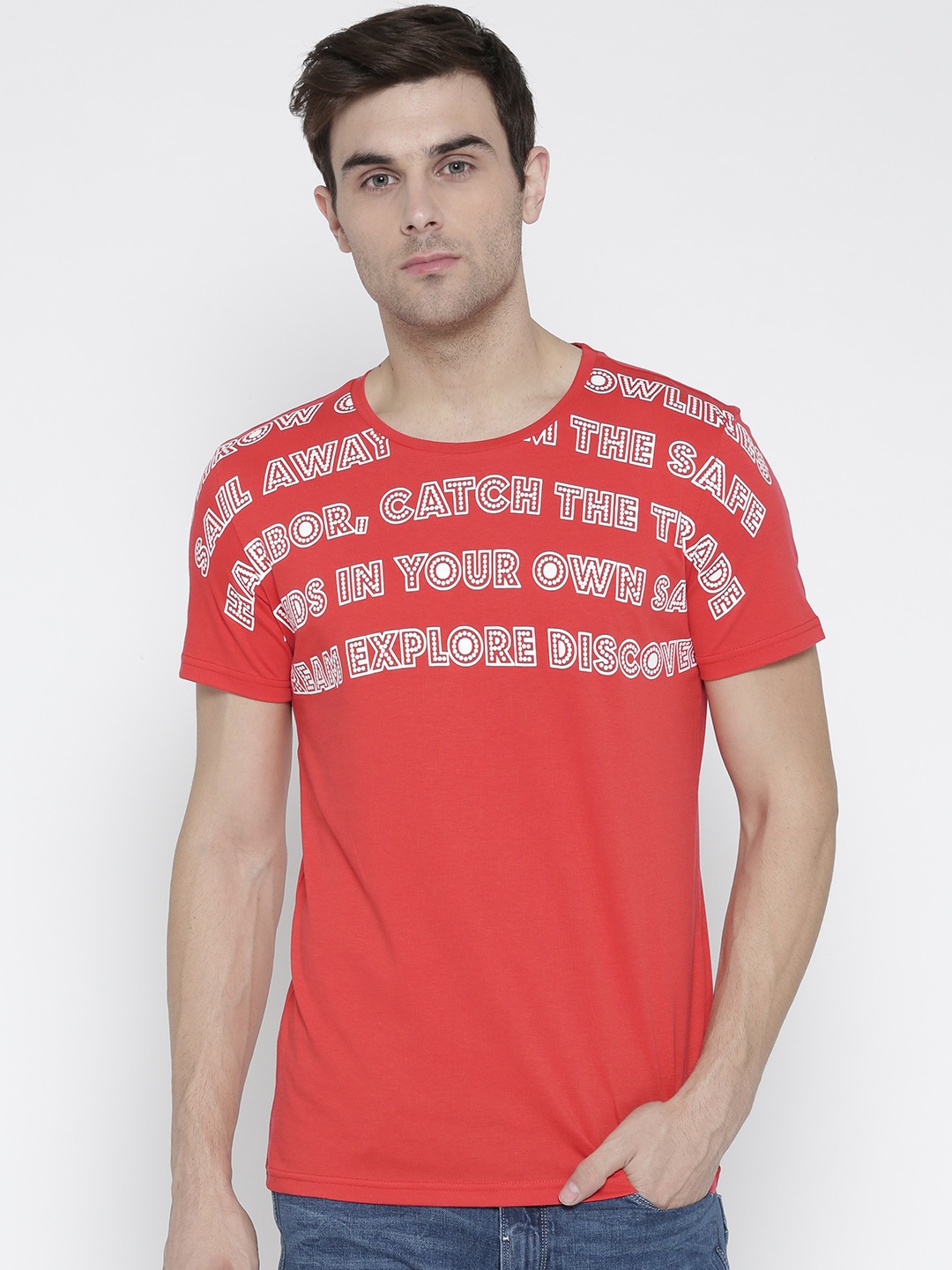 

United Colors of Benetton Men Coral Red Printed Round Neck T-shirt