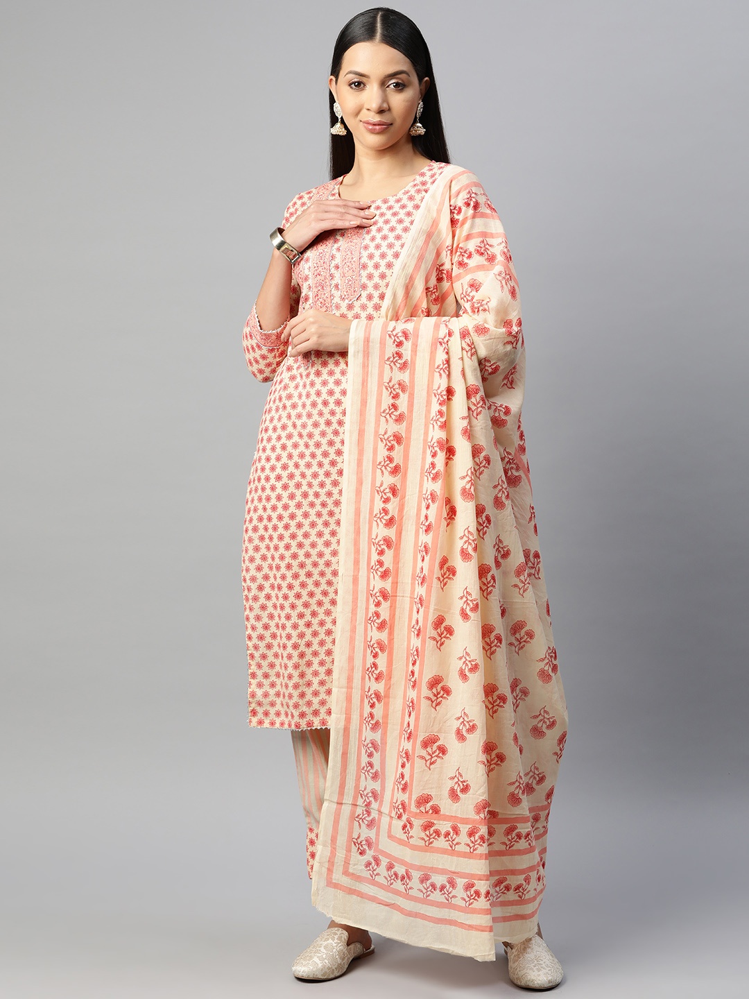 

BUTA BUTI Floral Printed Gotta Patti Pure Cotton Unstitched Dress Material, Beige