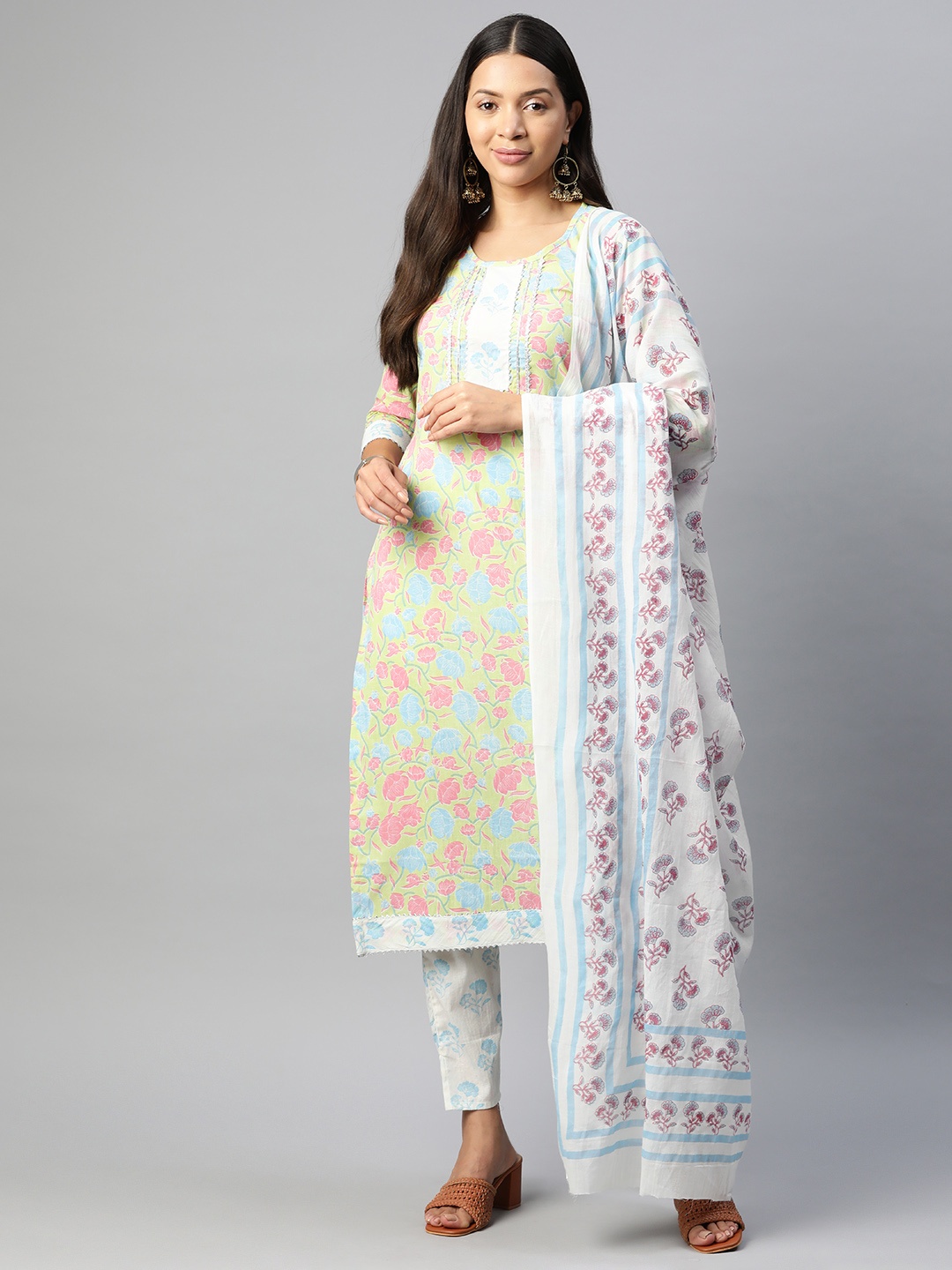 

BUTA BUTI Floral Printed Gotta Patti Pure Cotton Unstitched Dress Material, Green