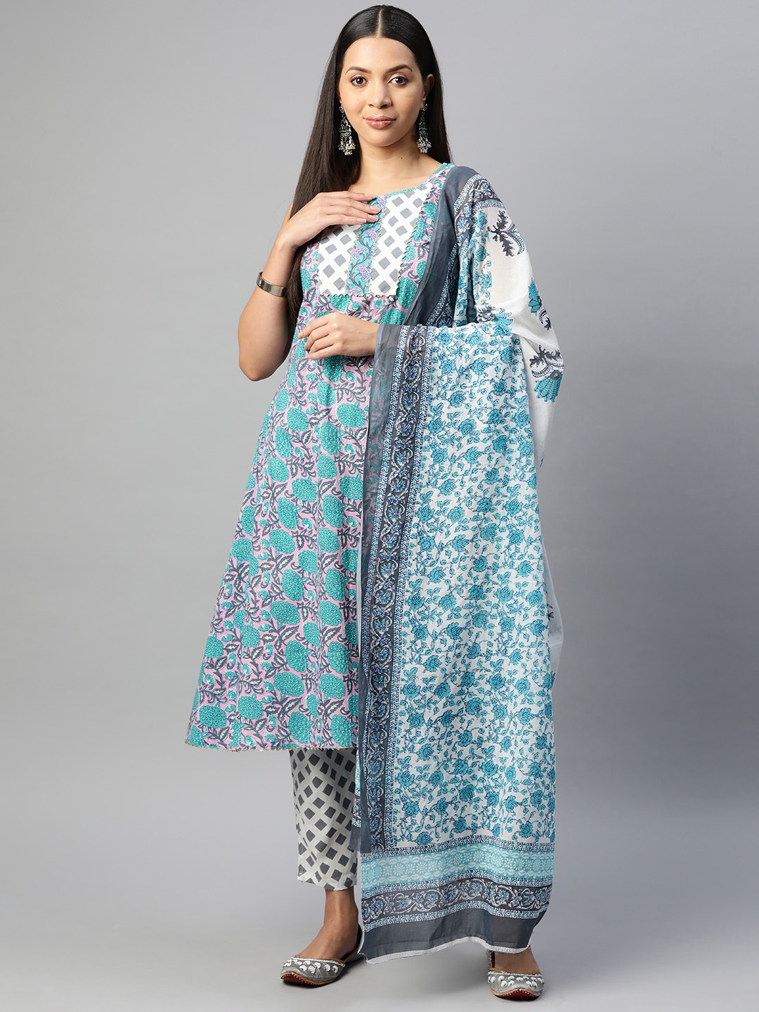 

BUTA BUTI Printed Pure Cotton Unstitched Dress Material, Teal