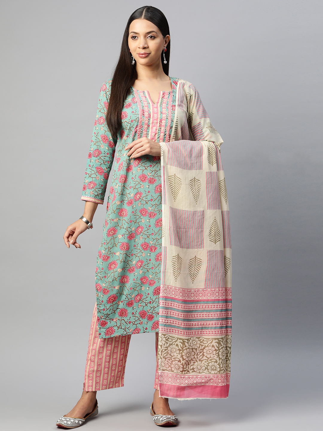 

BUTA BUTI Printed Pure Cotton Unstitched Dress Material, Green