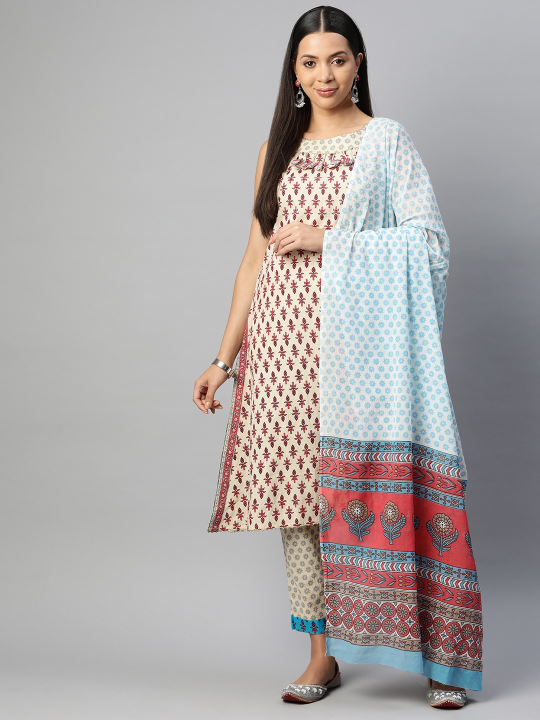

BUTA BUTI Printed Pure Cotton Unstitched Dress Material, Beige