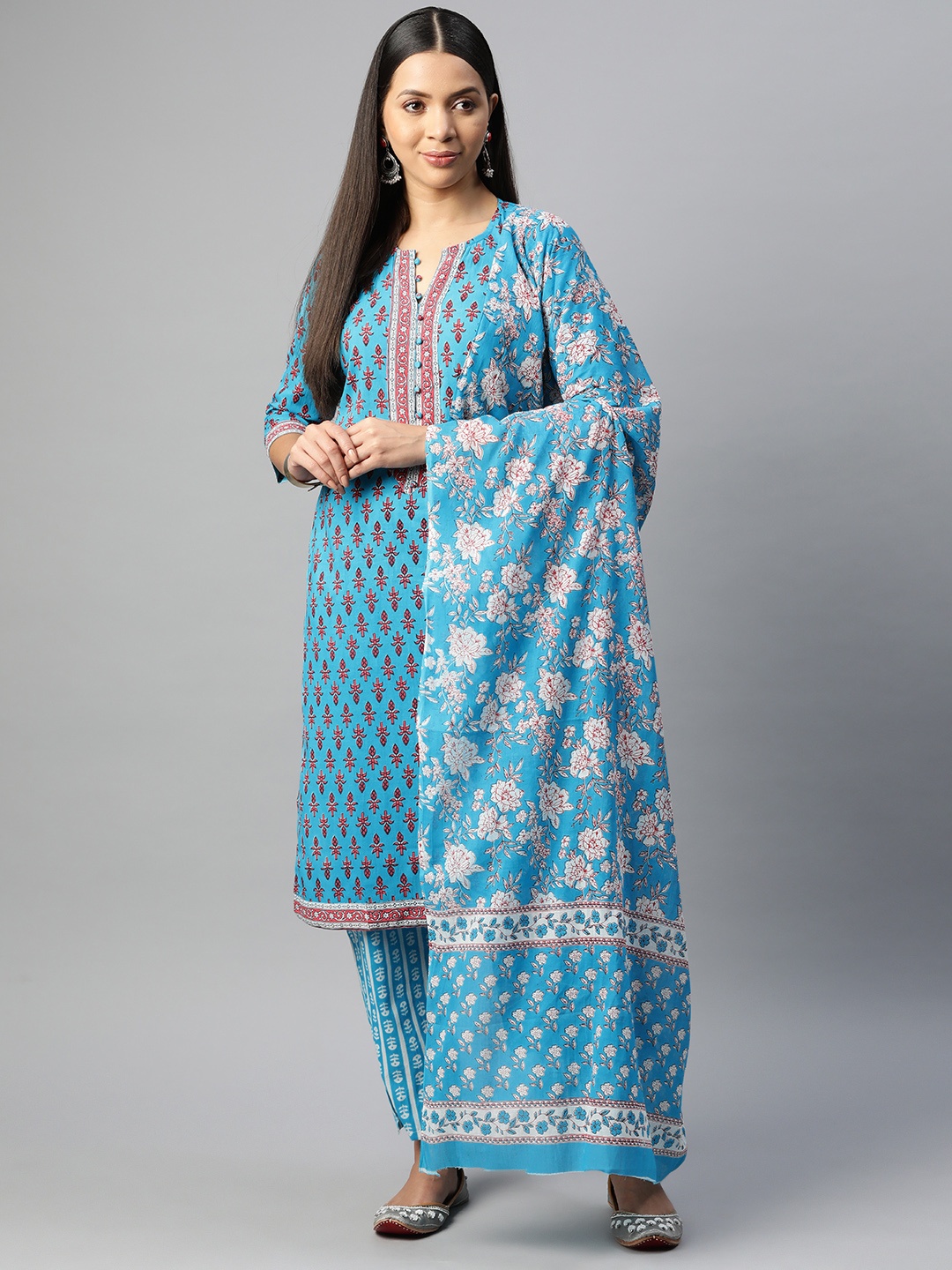 BUTA BUTI Printed Pure Cotton Unstitched Dress Material, Blue