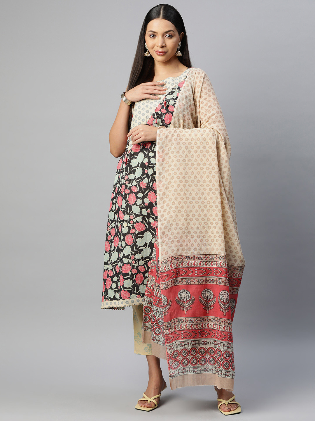 

BUTA BUTI Printed Pure Cotton Unstitched Dress Material, Beige