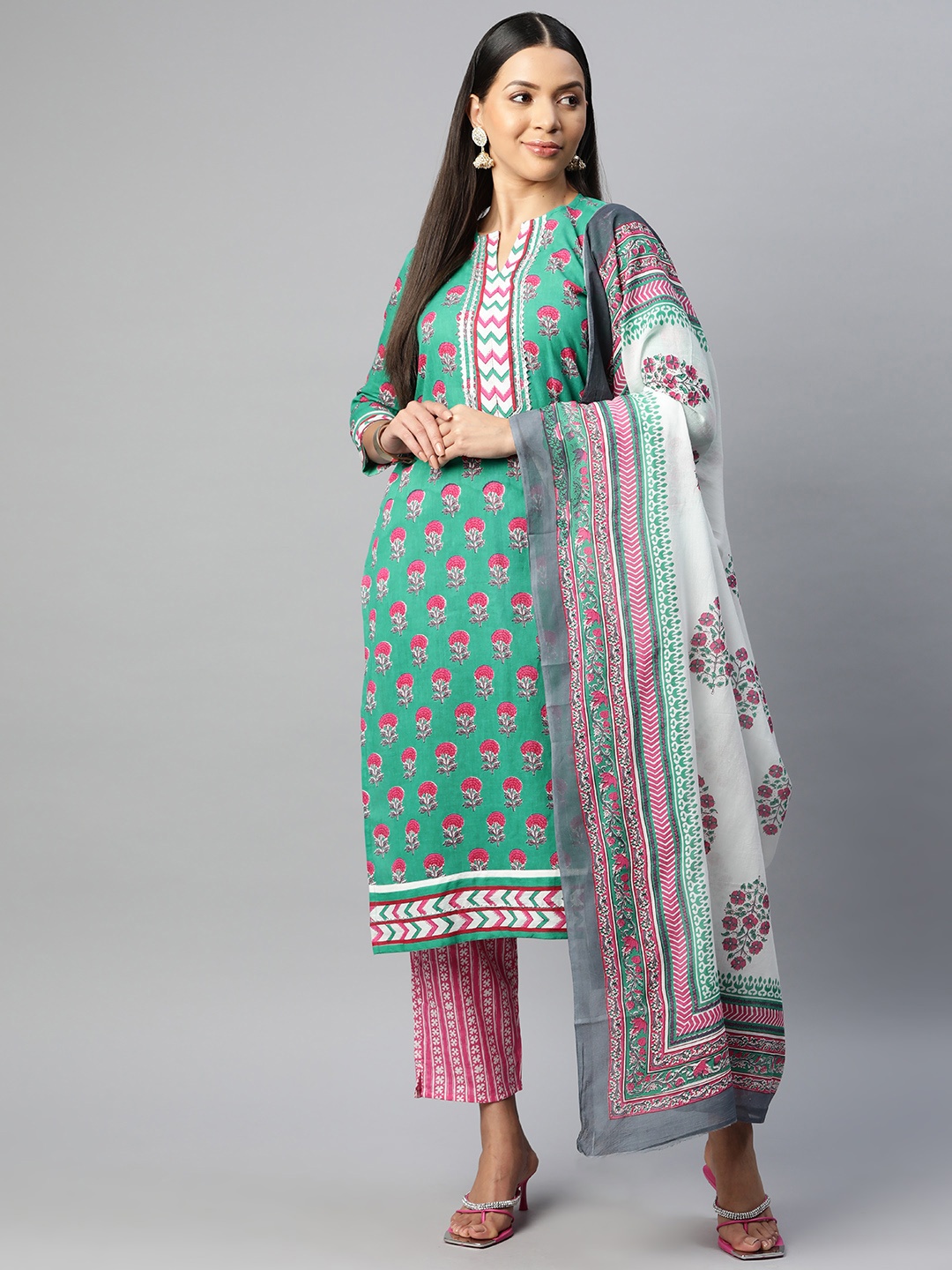 

BUTA BUTI Printed Pure Cotton Unstitched Dress Material, Green