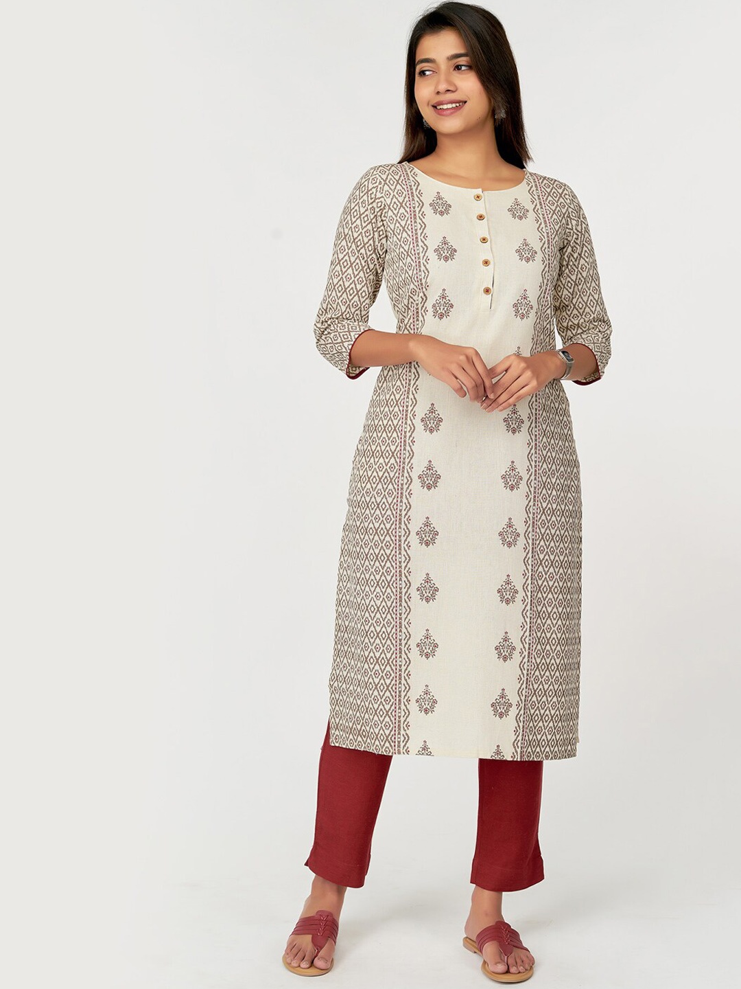 

Maybell Ethnic Motifs Printed Pure Cotton Kurta with Trousers, Off white