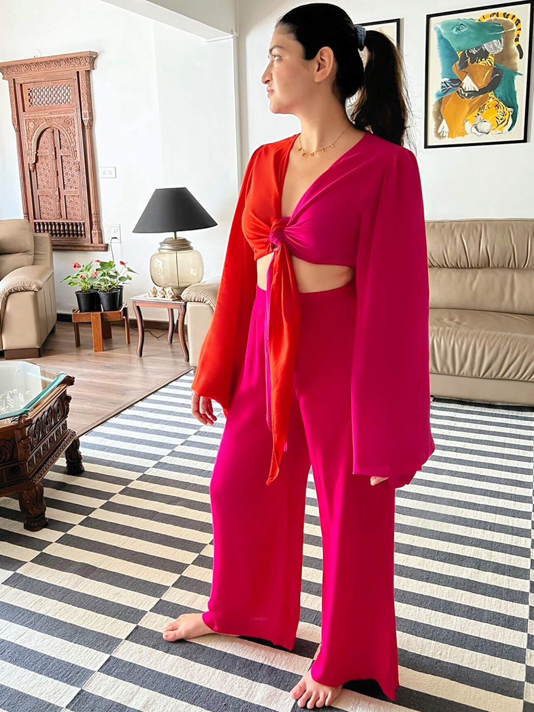 

FancyPants Women Colourblocked V-Neck Tie Up Front Flared Sleeves Top With Trouser, Pink