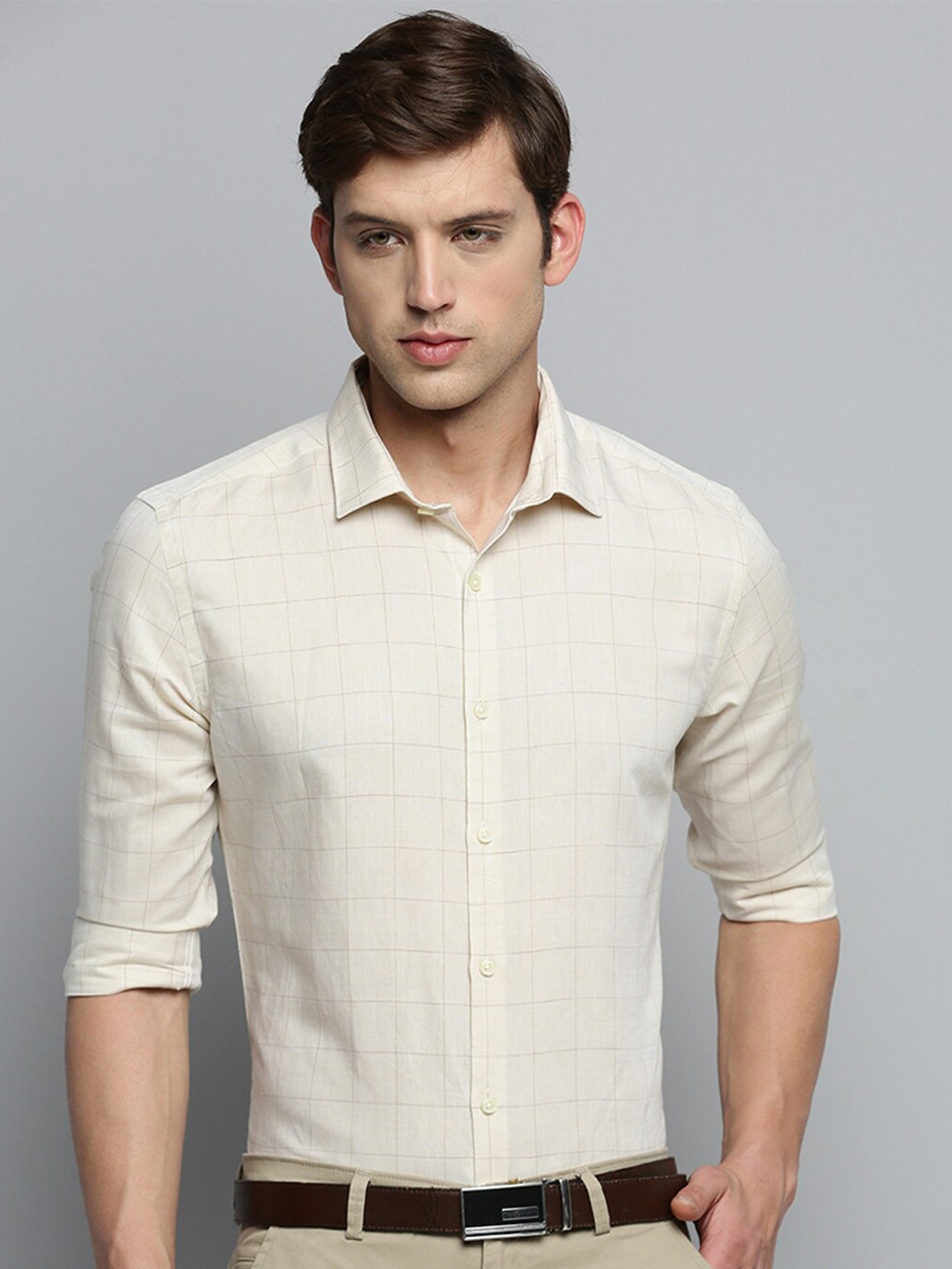 

SHOWOFF Classic Windowpane Checks Cotton Formal Shirt, Beige