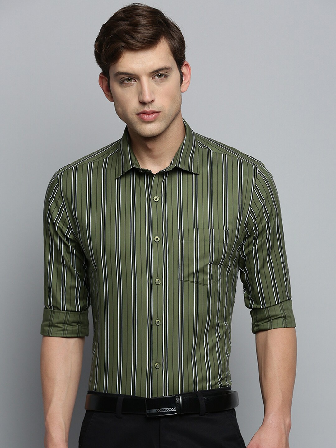 

SHOWOFF Smart Striped Formal Cotton Shirt, Olive
