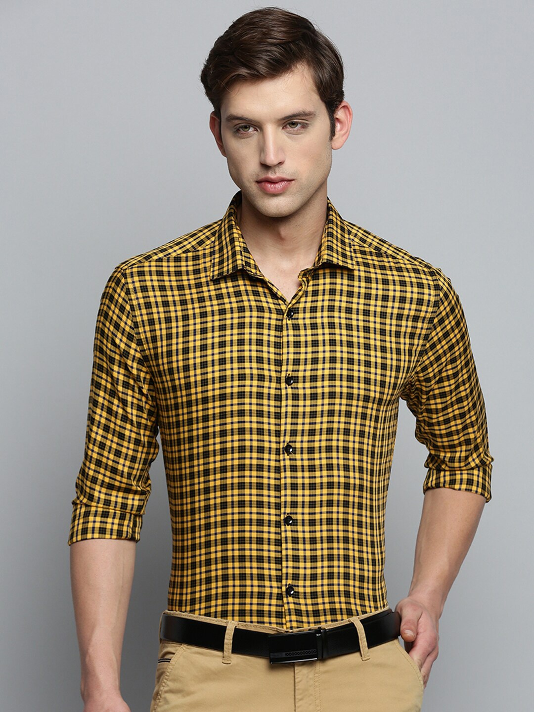 

SHOWOFF Classic Checked Twill Weave Formal Cotton Shirt, Yellow