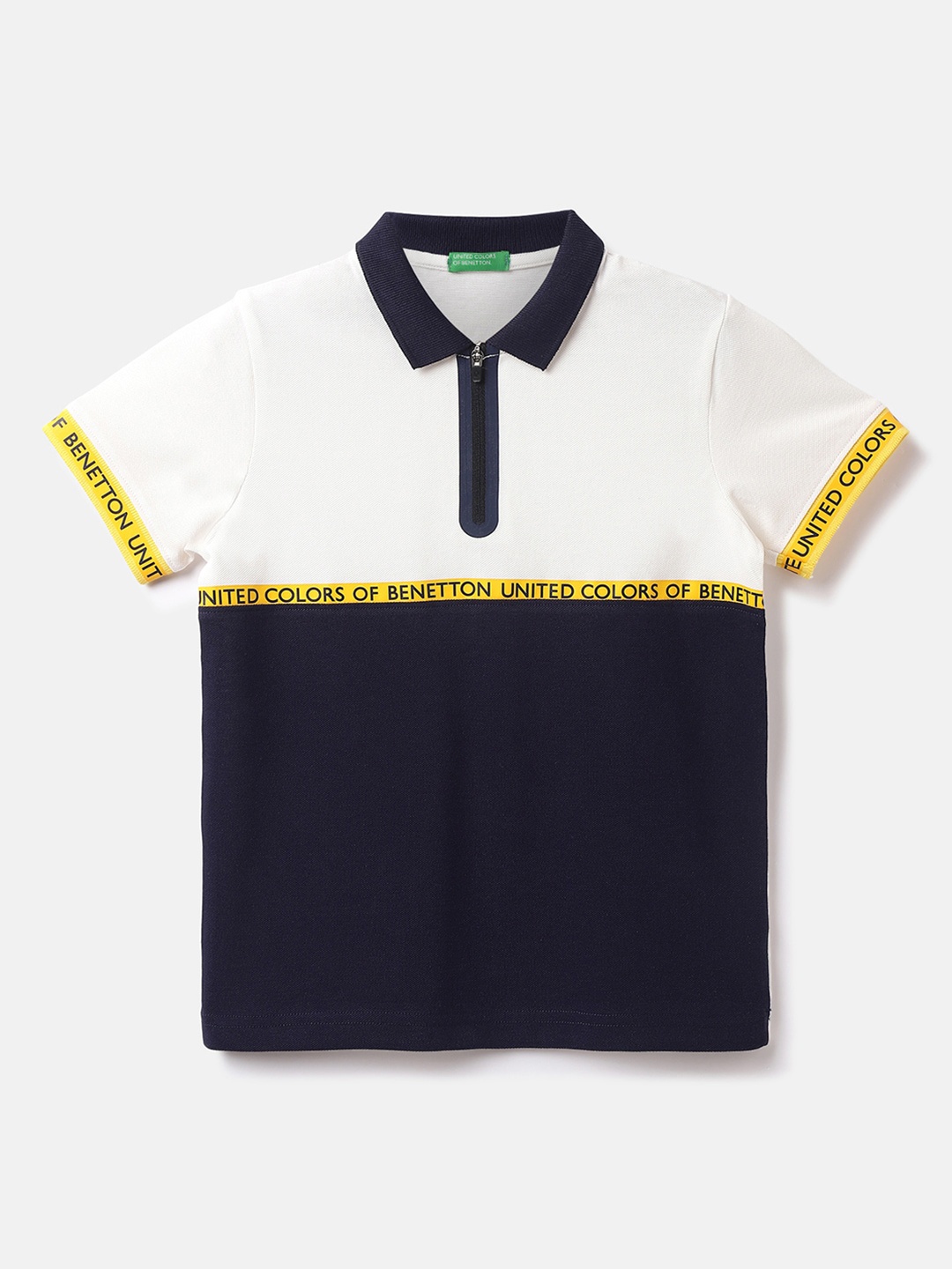 

United Colors of Benetton Boys Colourblocked Polo Collar Cotton T-shirt, White