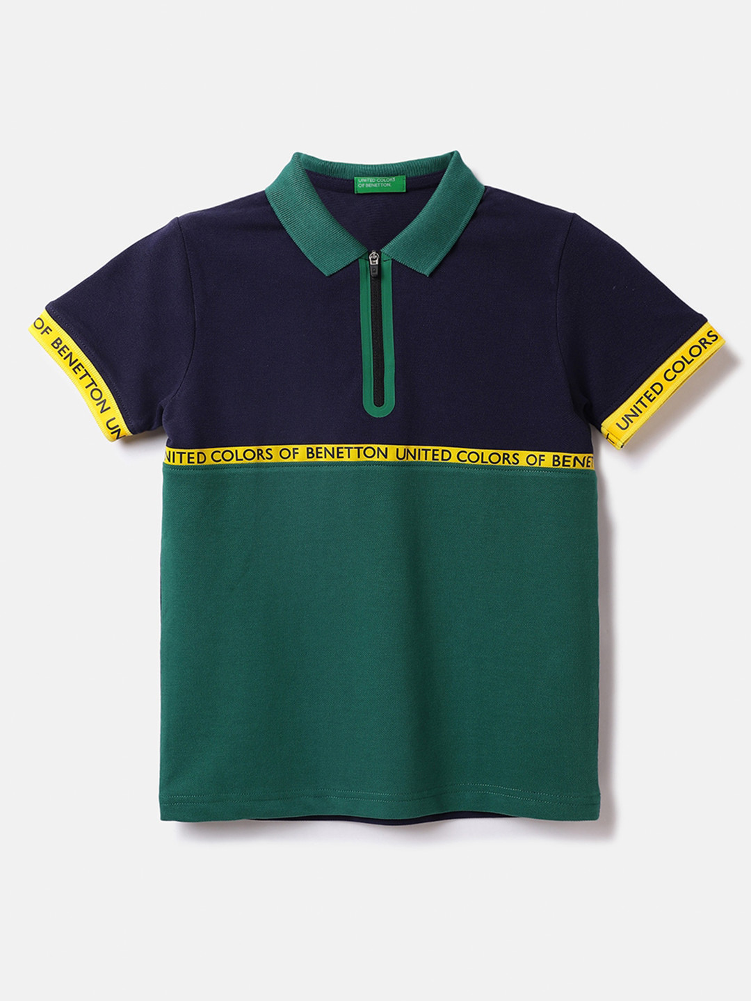 

United Colors of Benetton Boys Colourblocked Polo Collar cotton T-shirt, Green