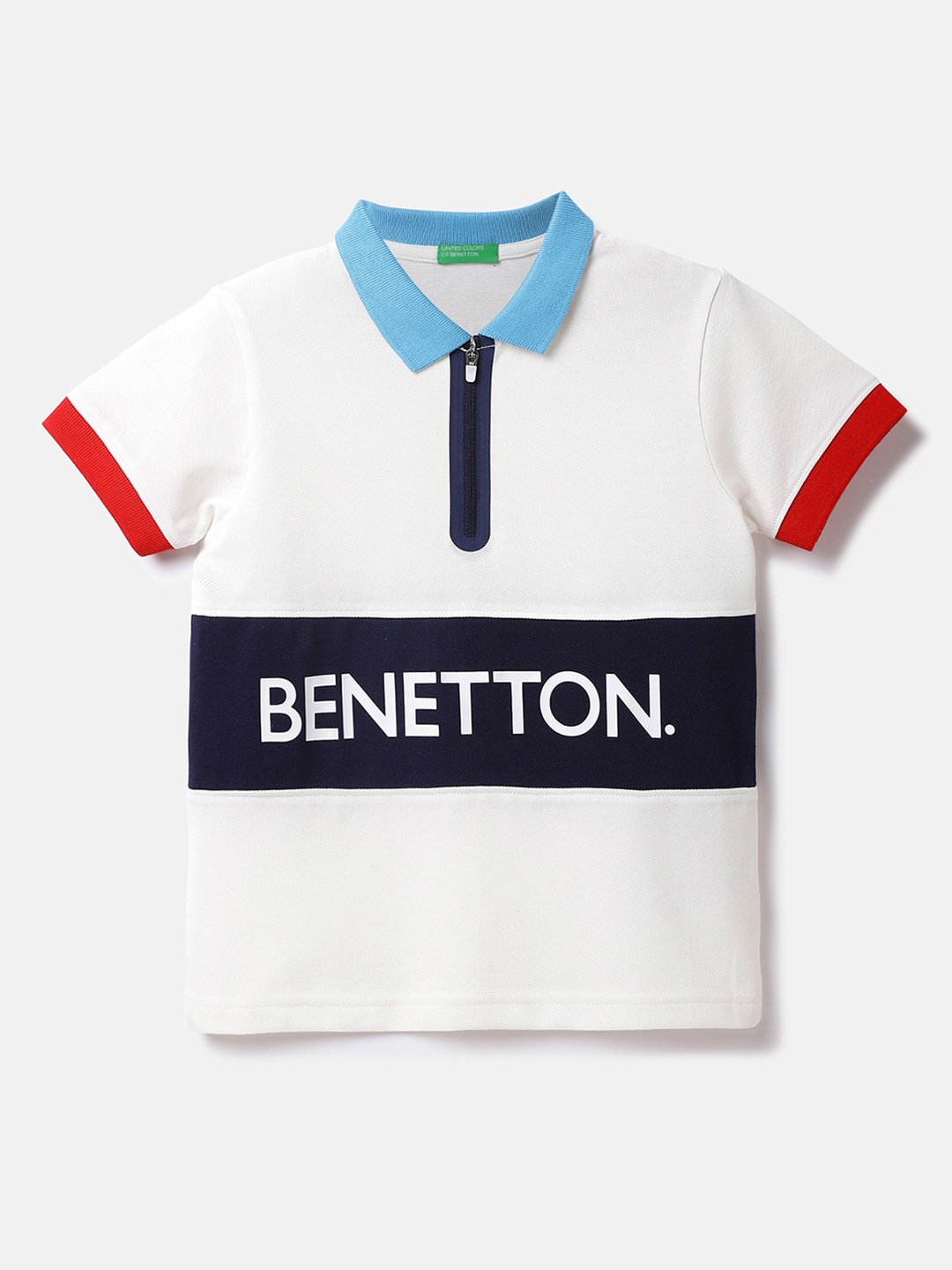 

United Colors of Benetton Boys Colourblocked Polo Collar Cotton T-shirt, White