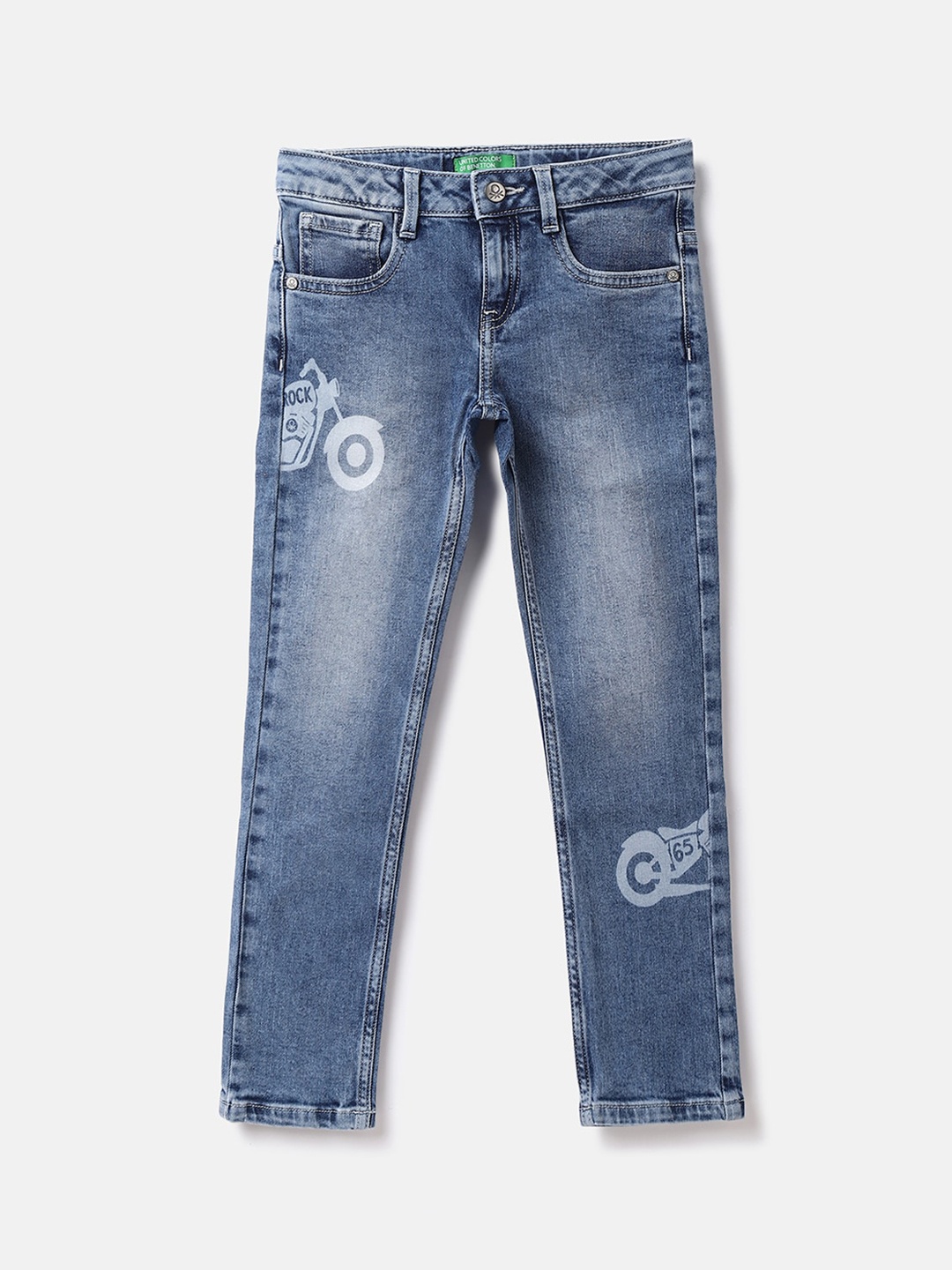 

United Colors of Benetton Boys Slim Fit Low-Rise Printed Light Fade Stretchable Jeans, Blue