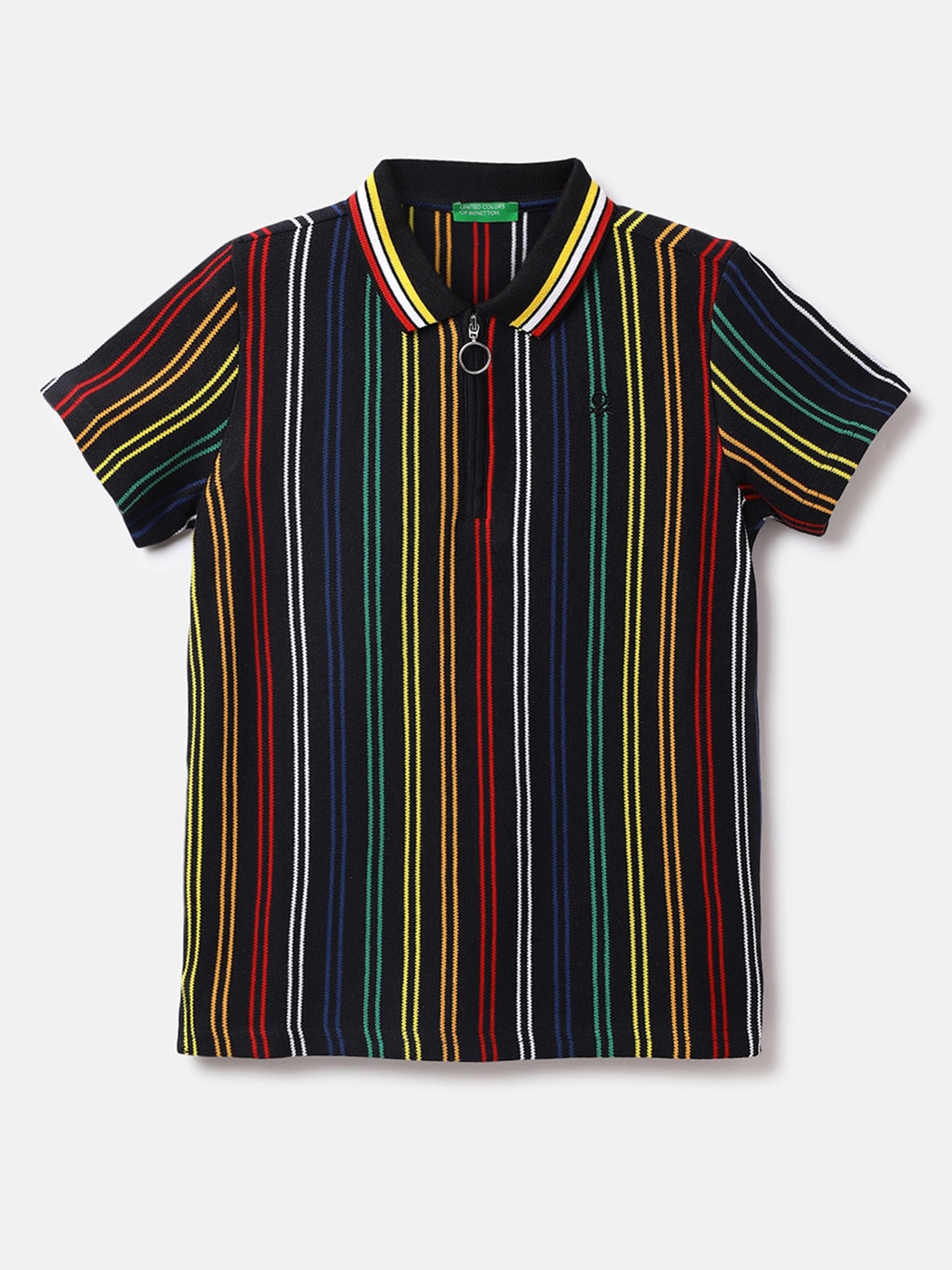 

United Colors of Benetton Boys Striped Polo Collar Cotton T-shirt, Black