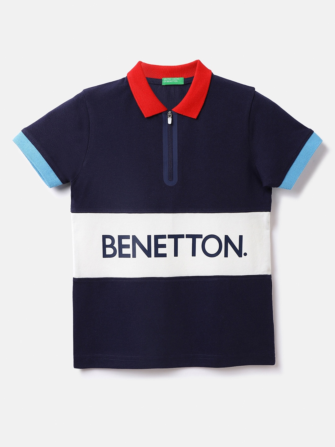 

United Colors of Benetton Boys Colourblocked Polo Collar Cotton T-shirt, Navy blue