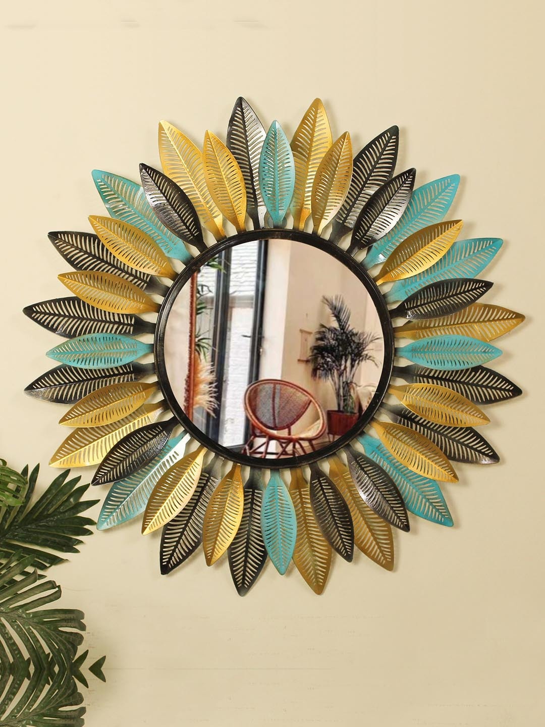

TIED RIBBONS Gold-Toned & Blue Textured Sunflower Framed Wall Decor Mirror