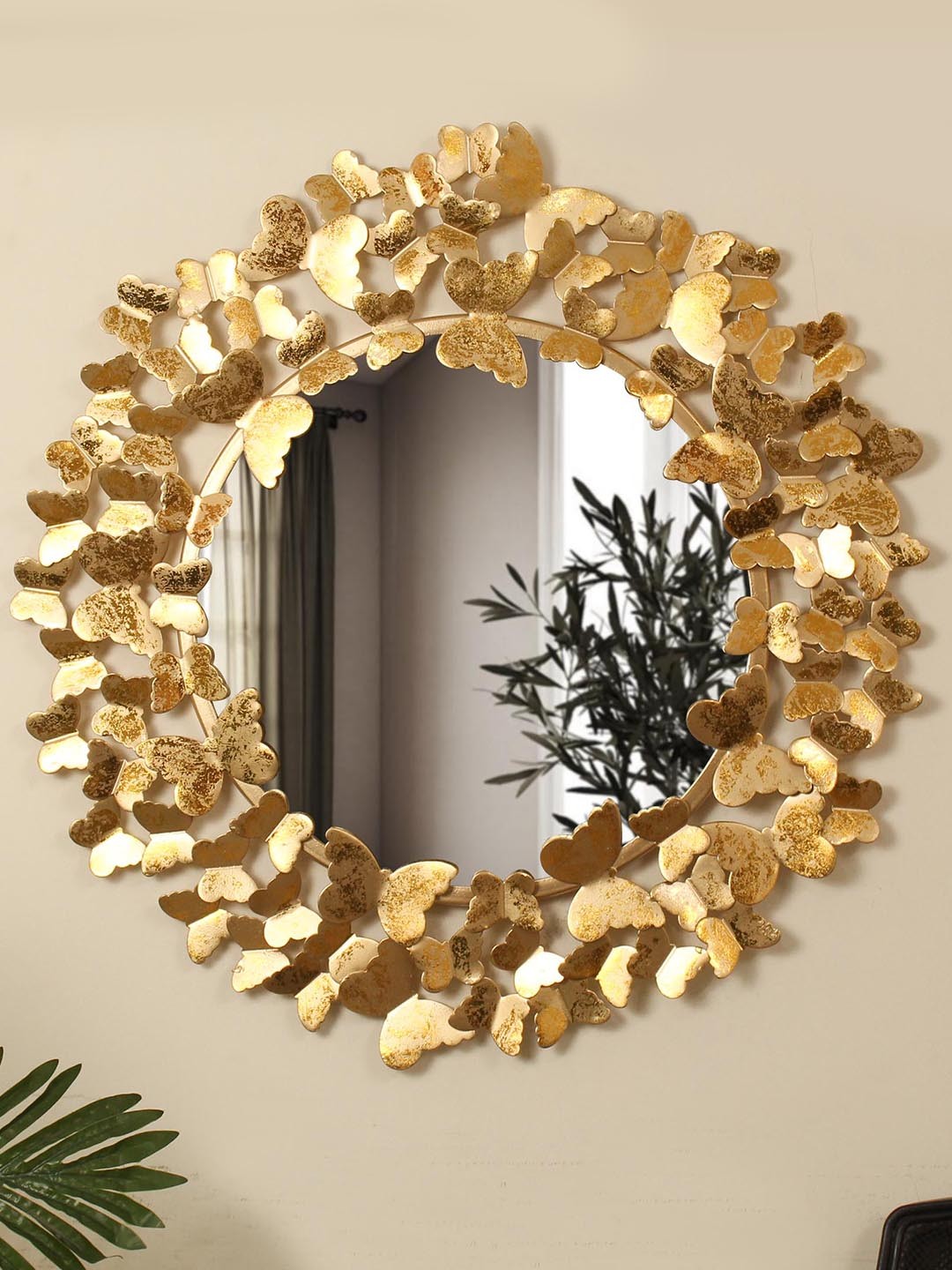 

TIED RIBBONS Gold-Toned Textured Butterfly Framed Metal Wall Mirror