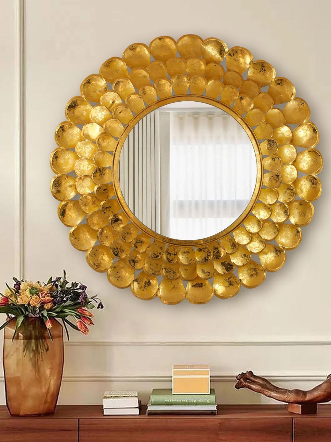 

TIED RIBBONS Gold-Toned & Transparent Textured Decorative Petal Framed Wall Mirror