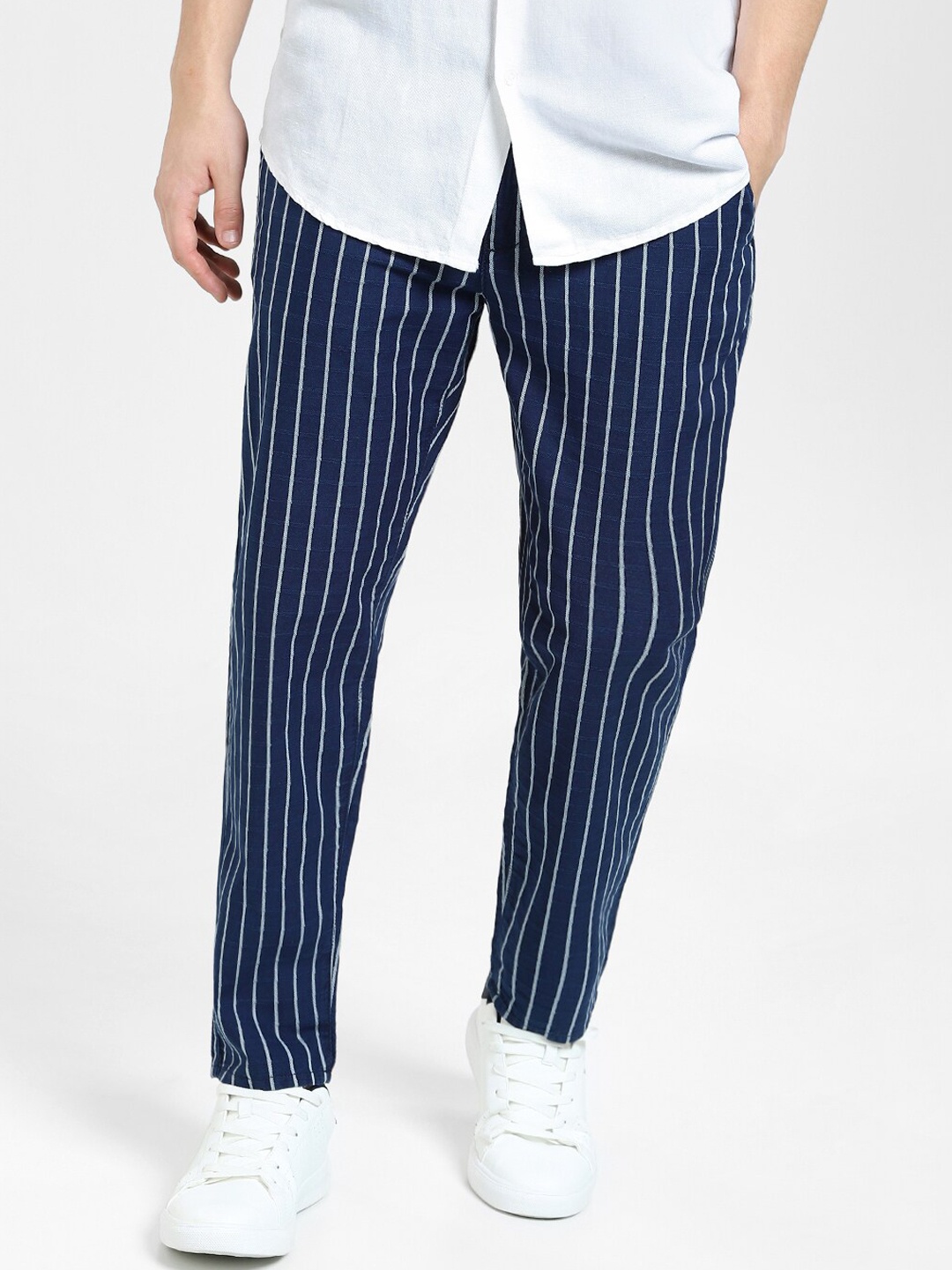 

Jack & Jones Men Striped Mid-Rise Cotton Trousers, Navy blue