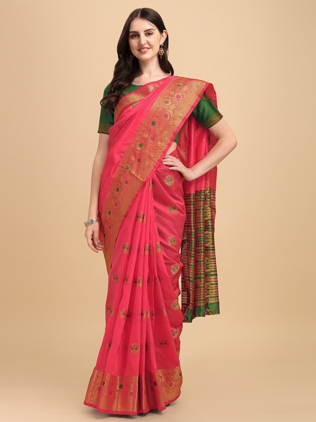 

Naishu Trendz Woven Design Zari Pure Silk Kanjeevaram Saree, Coral