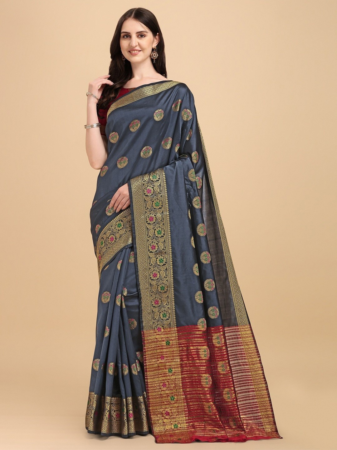 

Naishu Trendz Woven Design Zari Pure Silk Kanjeevaram Saree, Grey