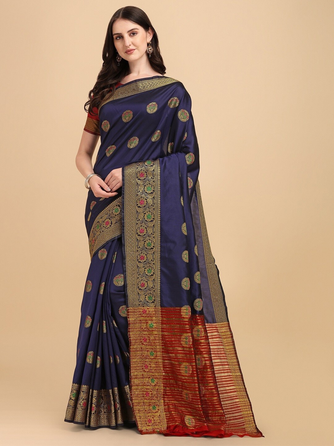 

Naishu Trendz Ethinic Motifs Zari Pure Silk Kanjeevaram Saree, Navy blue