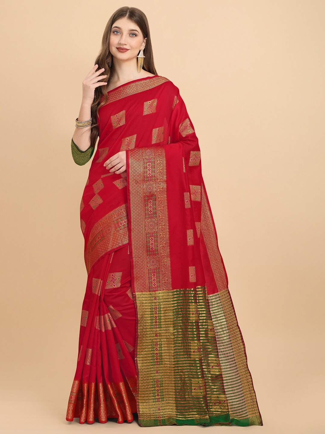 

Naishu Trendz Ethinic Motif Zari Pure Silk Kanjeevaram Saree, Red