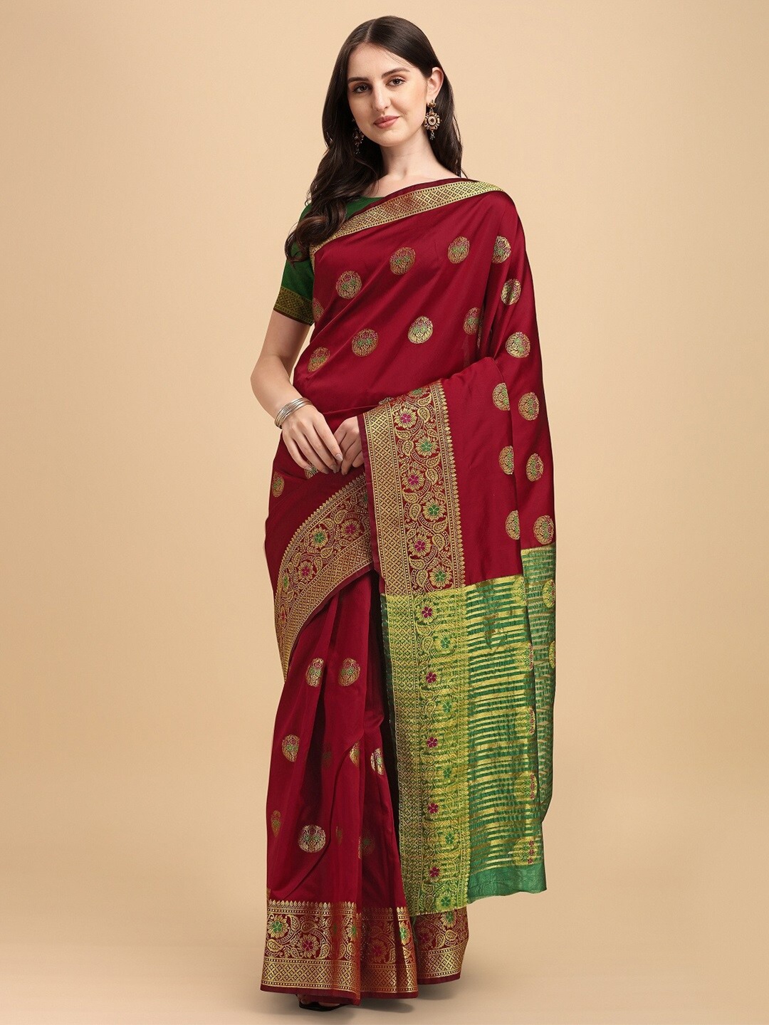 

Naishu Trendz Ethinic Motifs Zari Pure Silk Kanjeevaram Saree, Red