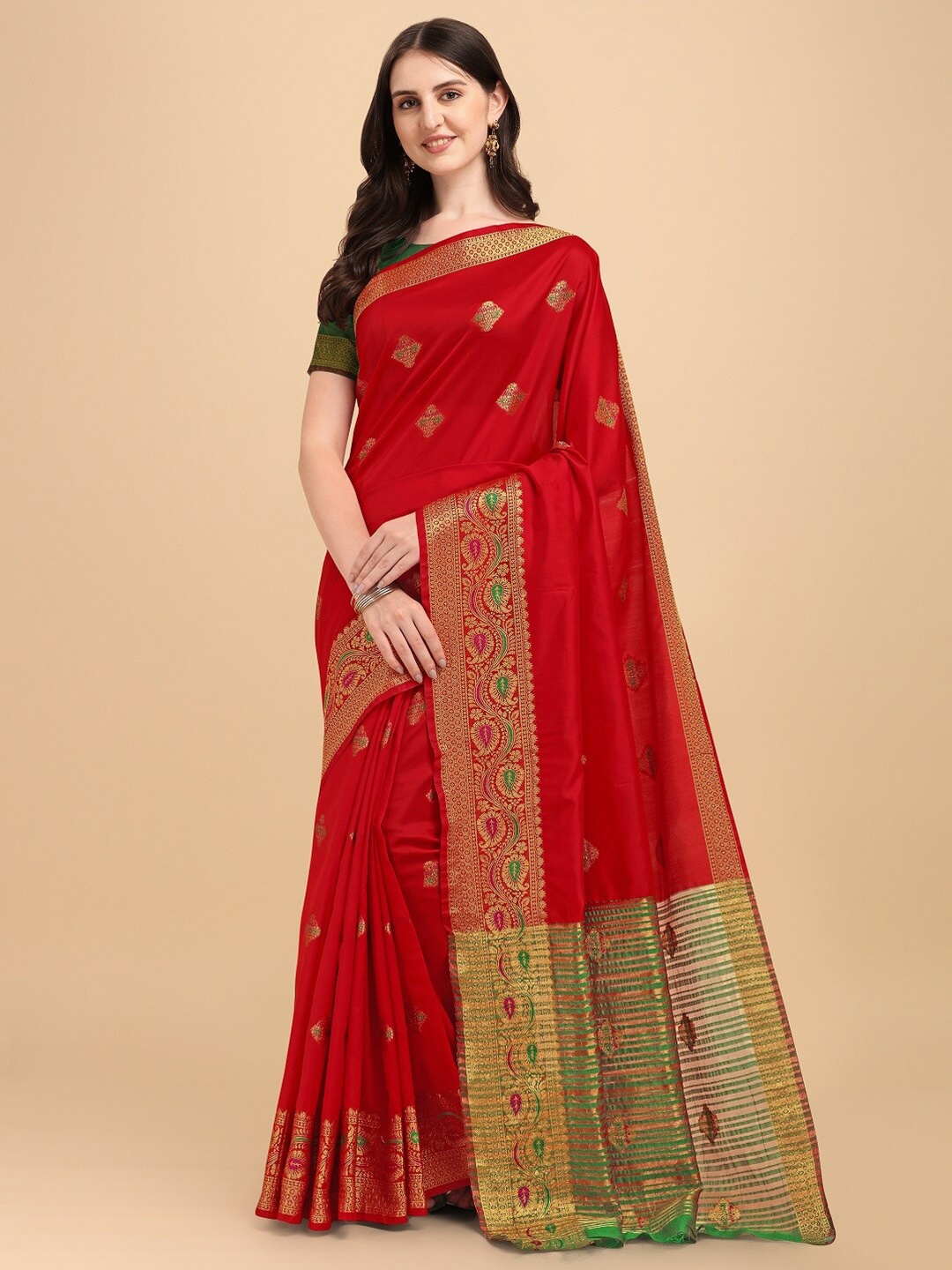 

Naishu Trendz Ethnic Woven Design Zari Pure Silk Kanjeevaram Saree, Red