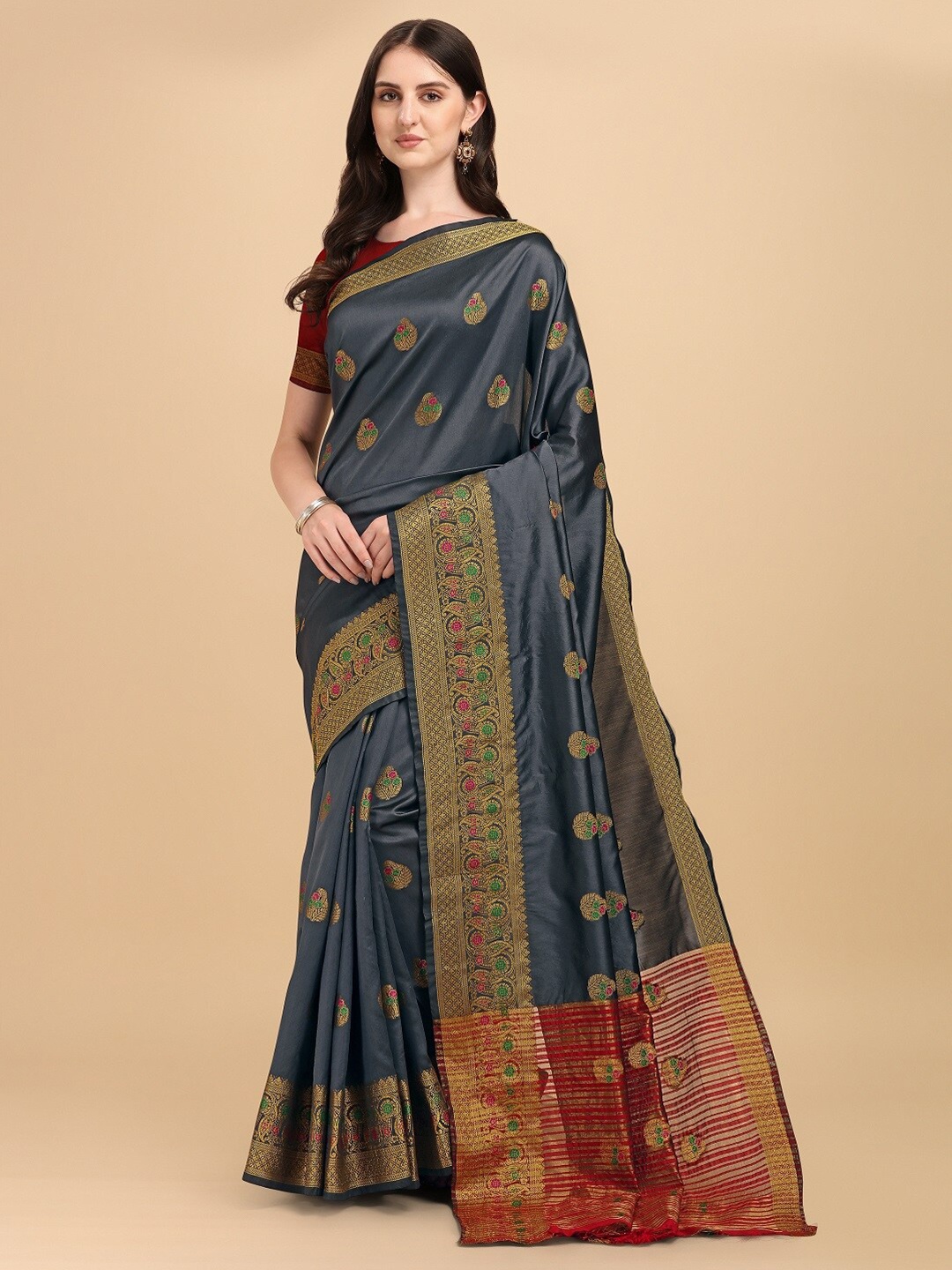 

Naishu Trendz Ethnic Motif Woven Design Zari Pure Silk Kanjeevaram Saree, Grey