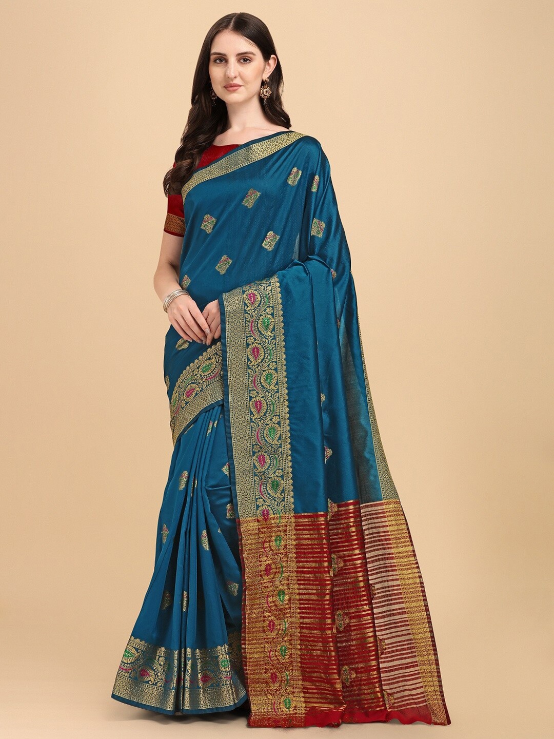 

Naishu Trendz Ethnic Motif Woven Design Zari Pure Silk Kanjeevaram Saree, Blue
