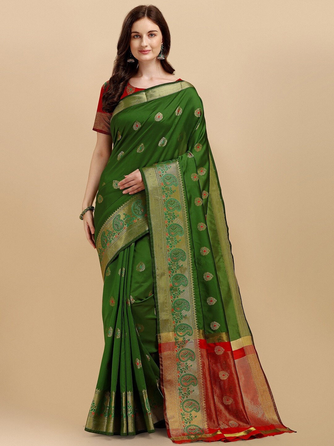 

Naishu Trendz Ethnic Motifs Woven Design Zari Pure Silk Kanjeevaram Saree, Green