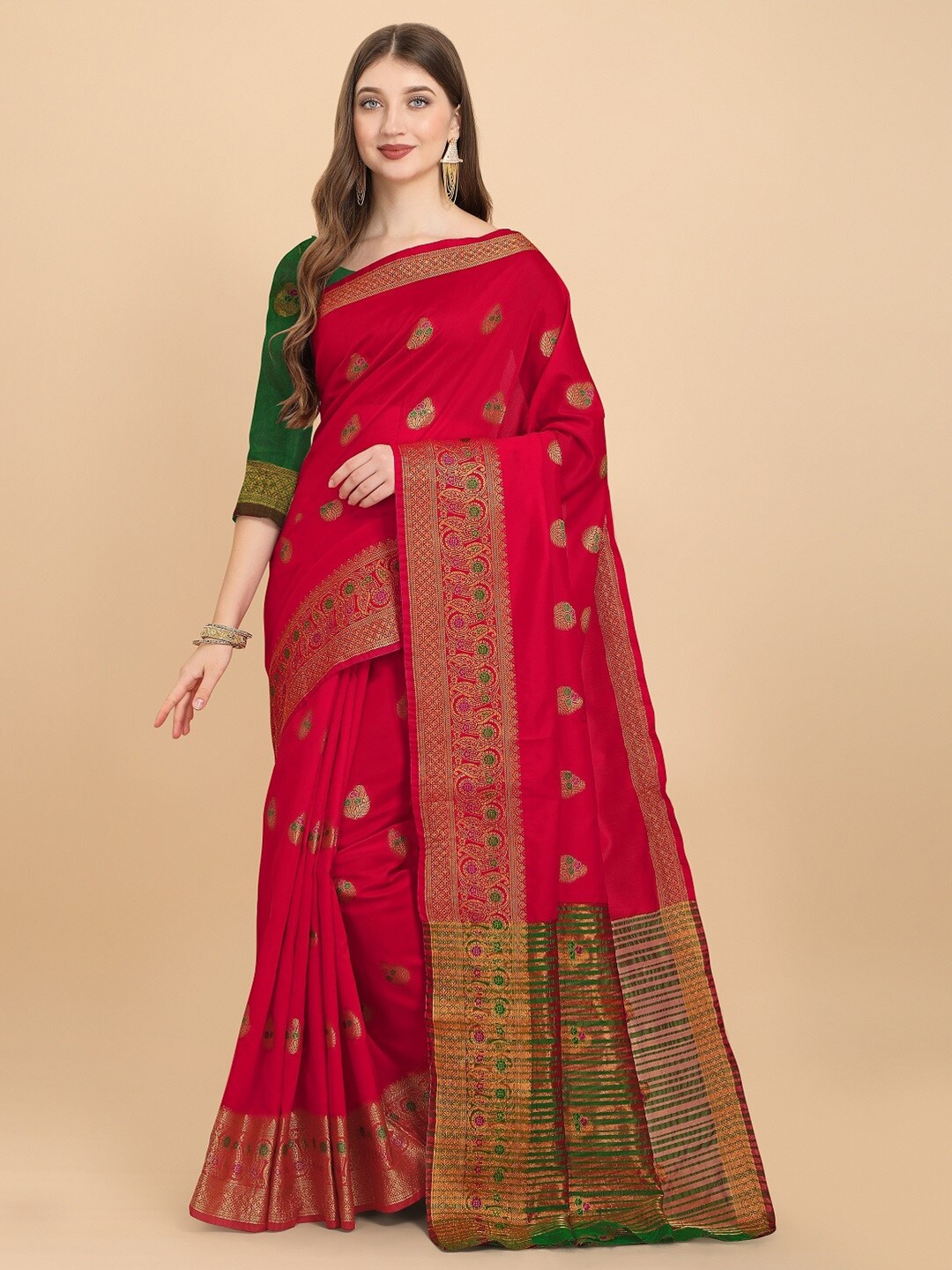 

Naishu Trendz Ethnic Motifs Woven Design Zari Pure Silk Kanjeevaram Saree, Red