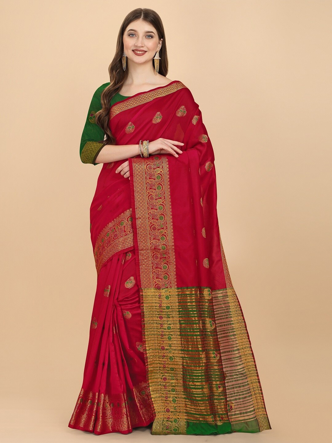

Naishu Trendz Ethnic Motifs Woven Design Zari Pure Silk Kanjeevaram Saree, Pink