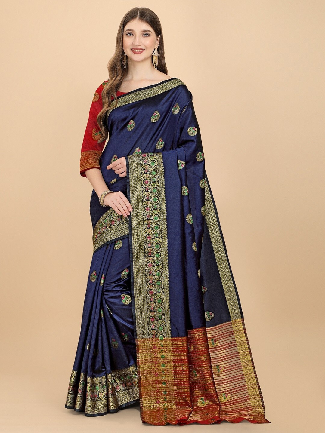 

Naishu Trendz Floral Motif Woven Design Zari Pure Silk Kanjeevaram Saree, Navy blue