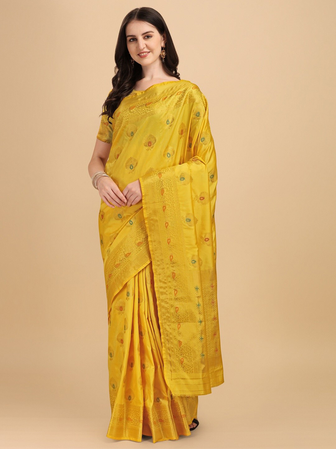 

Naishu Trendz Ethnic Motif Woven Design Zari Pure Silk Kanjeevaram Saree, Yellow