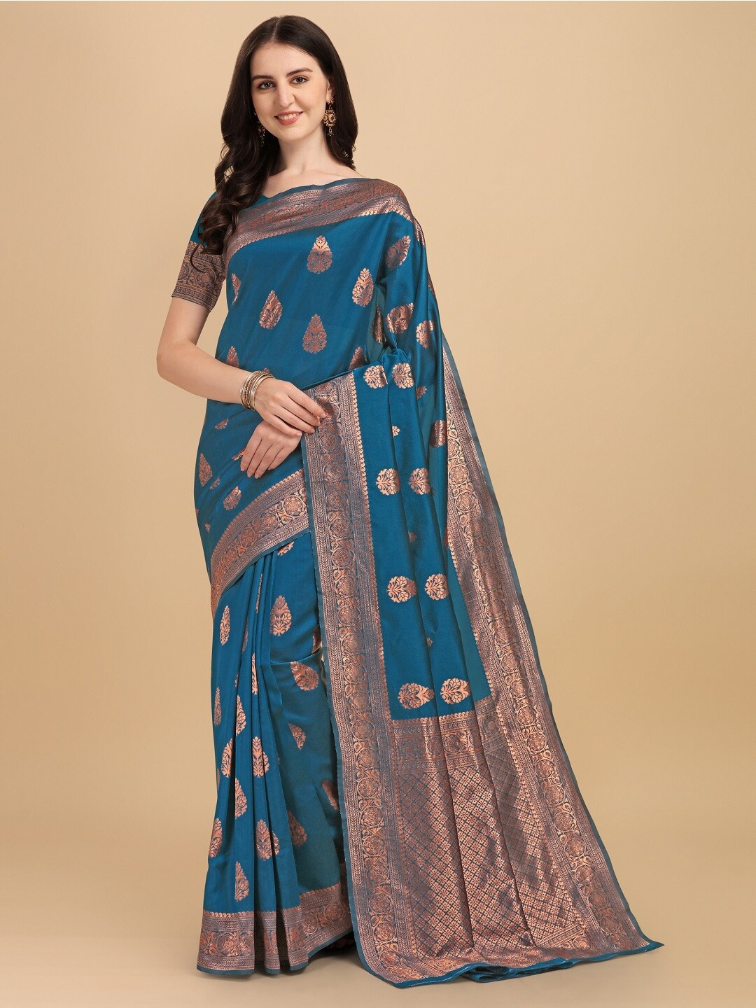 

Naishu Trendz Ethnic Motifs Woven Design Zari Pure Silk Kanjeevaram Saree, Blue