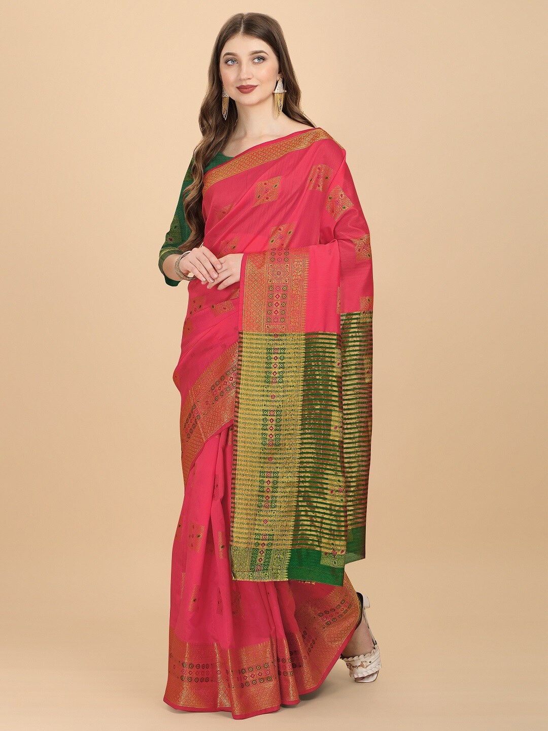 

Naishu Trendz Ethnic Motifs Woven Design Zari Pure Silk Kanjeevaram Saree, Pink