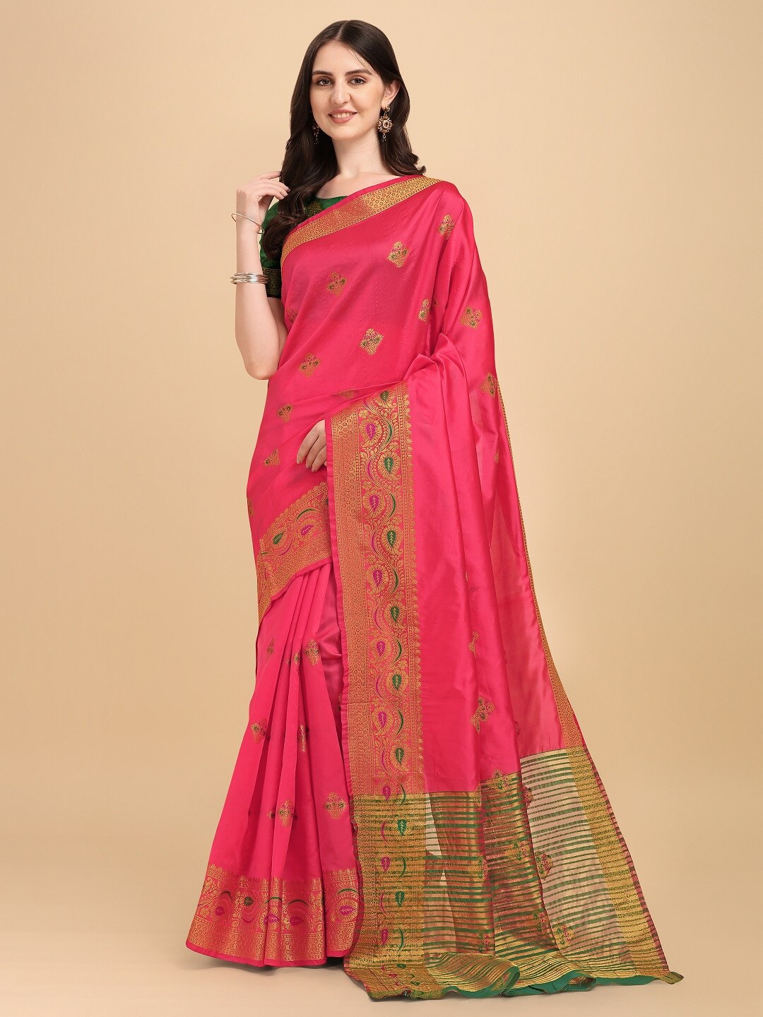 

Naishu Trendz Ethnic Woven Design Zari Pure Silk Kanjeevaram Saree, Pink