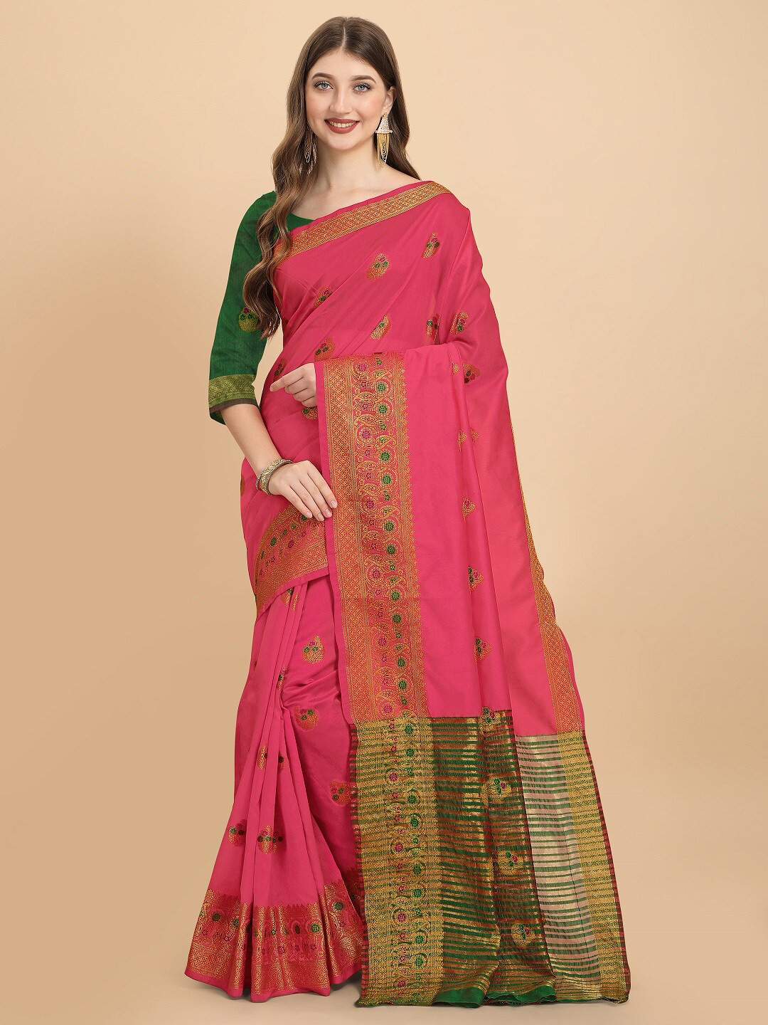 

Naishu Trendz Floral Woven Design Zari Pure Silk Kanjeevaram Saree, Pink