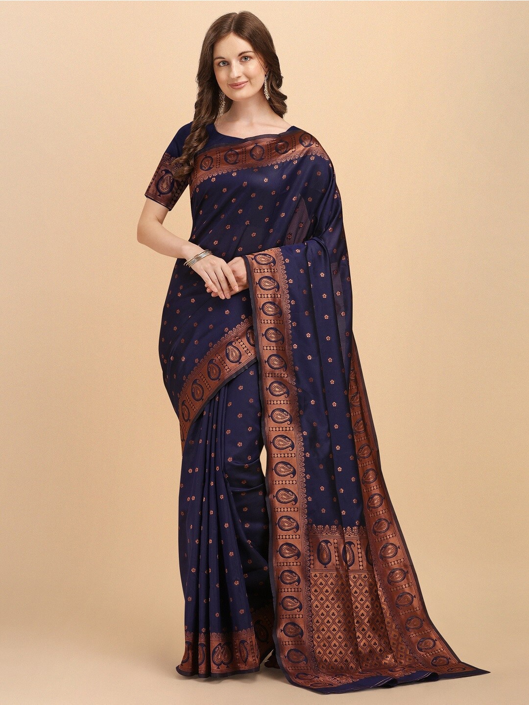 

Naishu Trendz Floral Woven Design Zari Pure Silk Kanjeevaram Saree, Navy blue