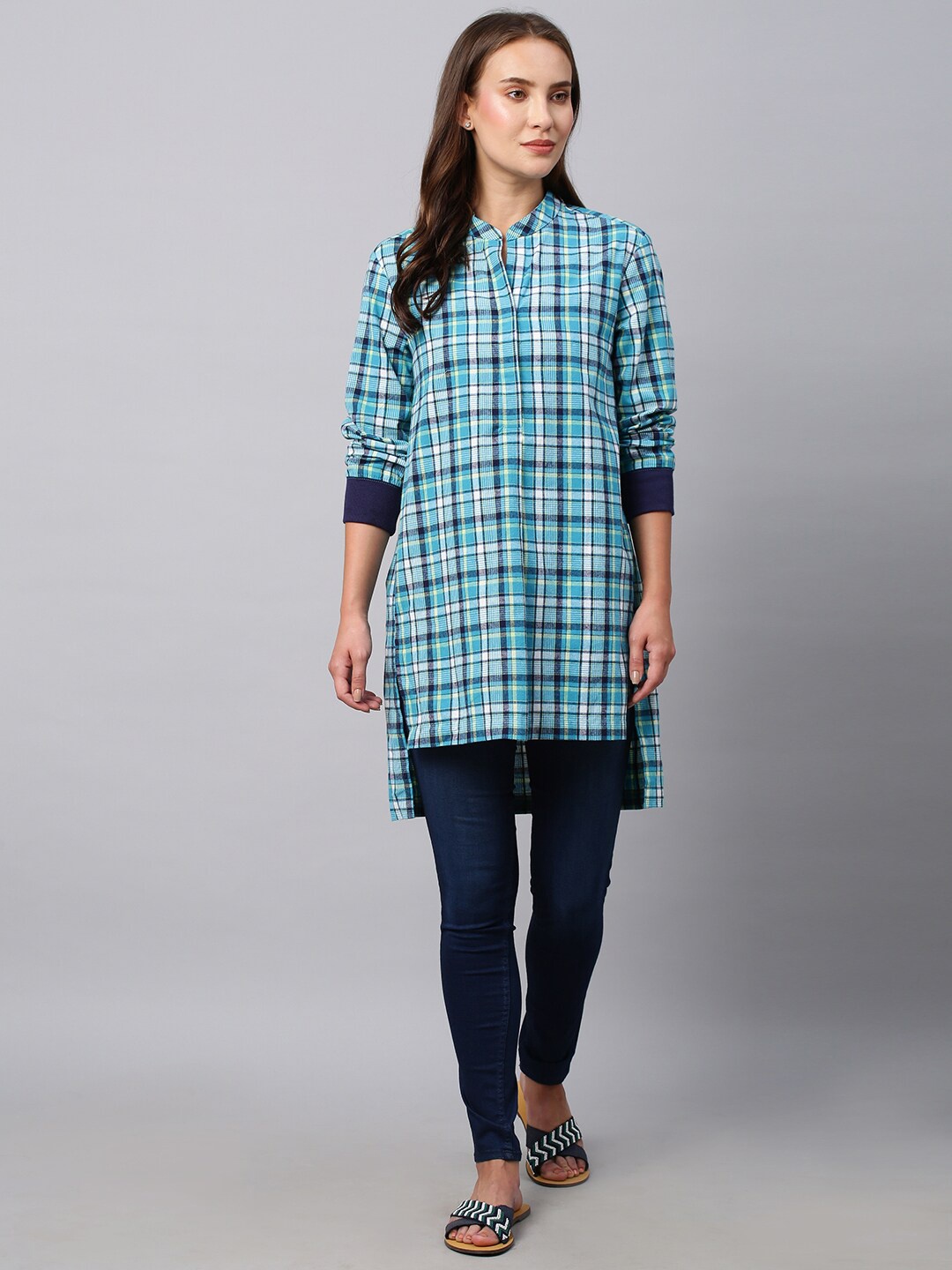 

Chemistry Checked Shirt Style Longline Top, Teal