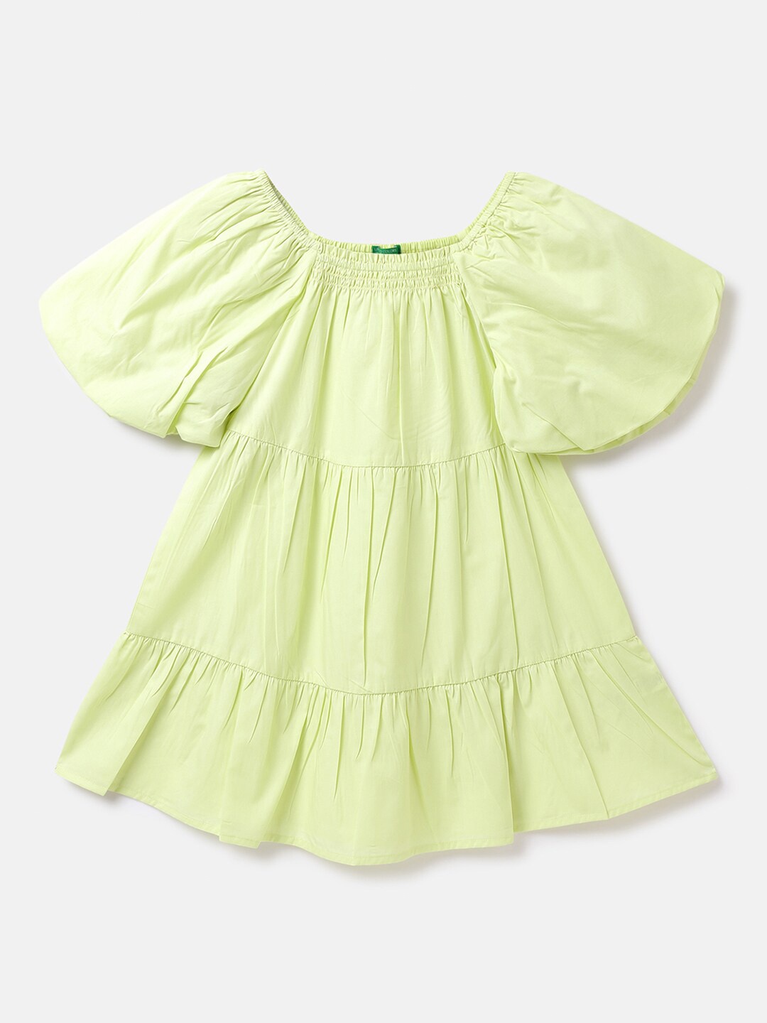 

United Colors of Benetton Round Neck Tiered A-Line Cotton Dress, Green