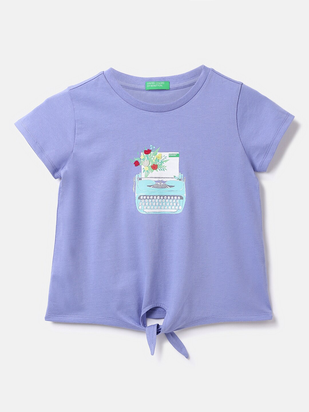 

United Colors of Benetton Girls Graphic Printed Tie up Cotton T-shirt, Blue