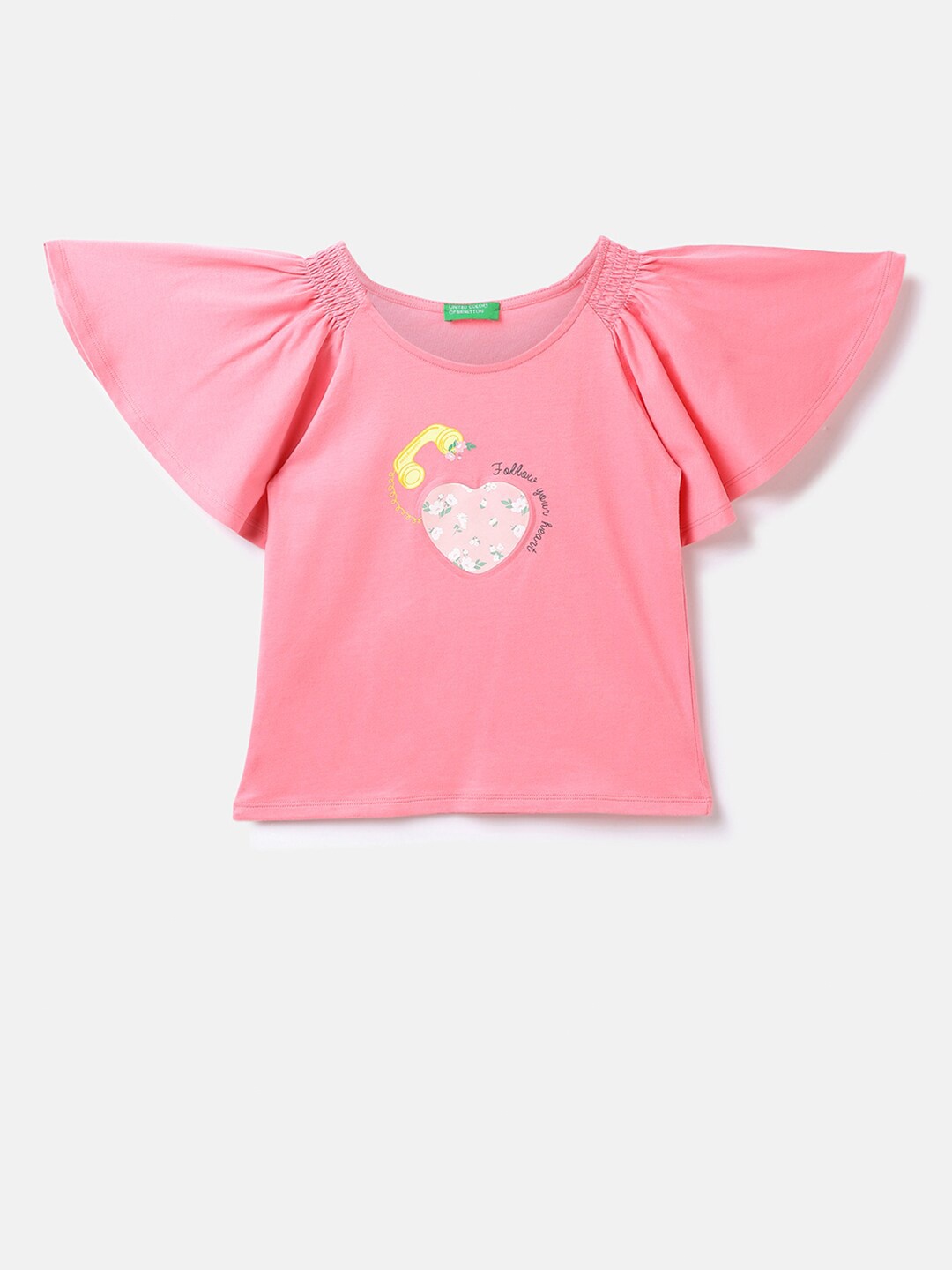 

United Colors of Benetton Girls Graphic Printed Cotton T-shirt, Pink